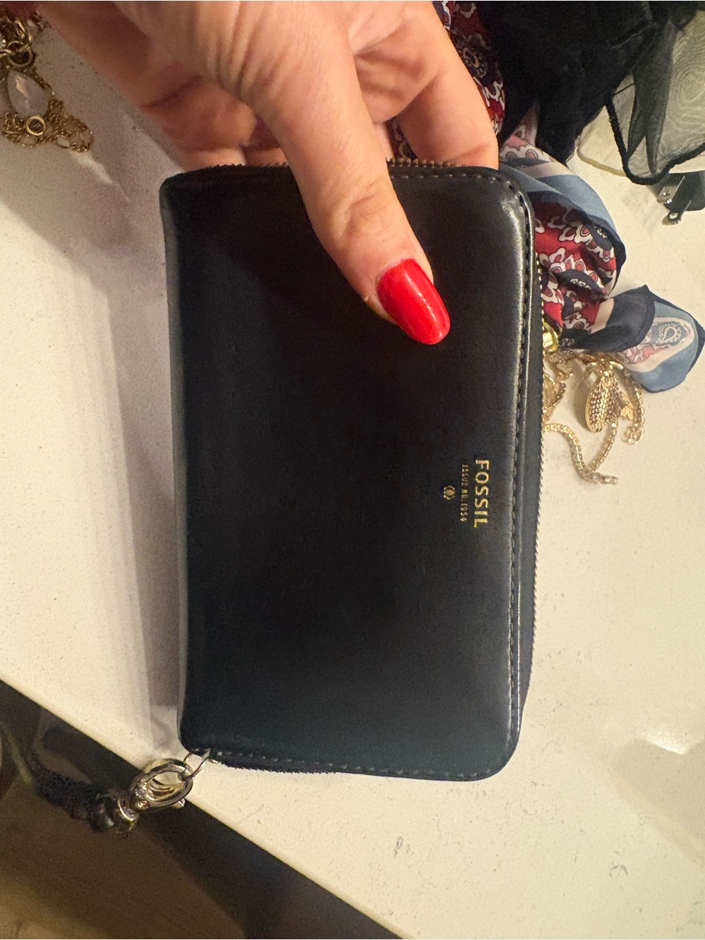 Fossil Black Zip Around Leather Card Holder wallet with wristlet strap